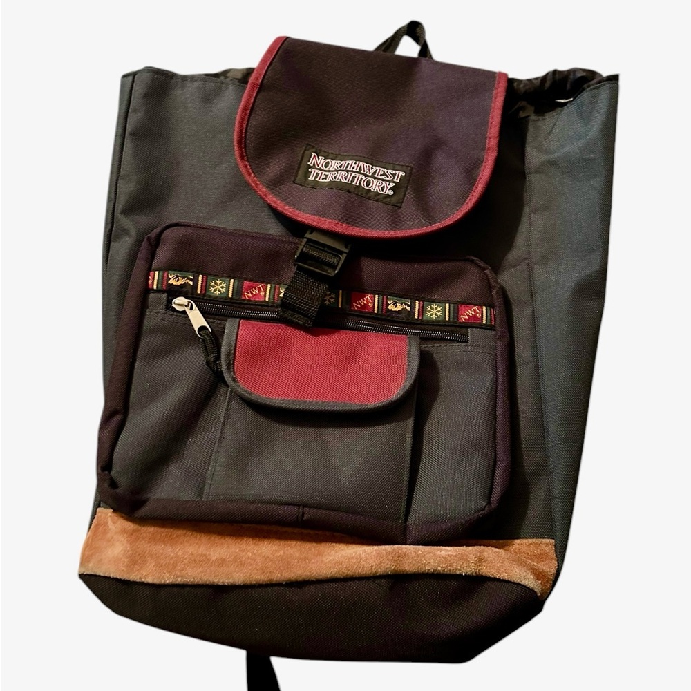 Vintage Northwest Territory Backpack Green‎ Canvas Leather Trim Multiple Pockets